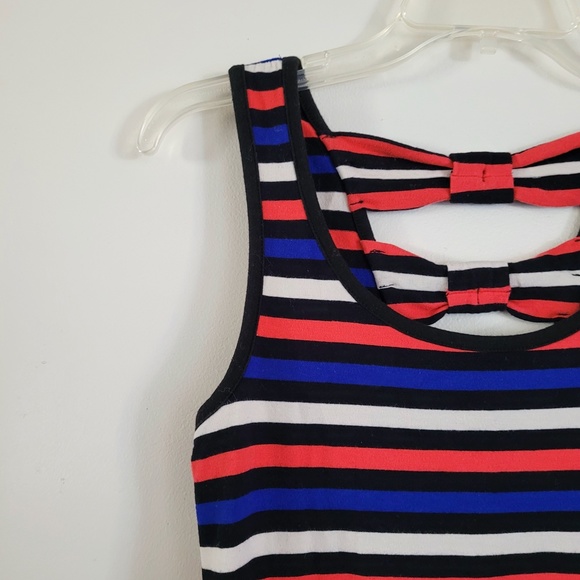 Y2K Forever 21 Striped Bodycon Dress Bows Cutout Coral Blue‎ XXI Small - Picture 6 of 12